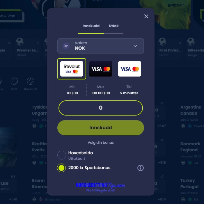 EpicBet Betalninger Innskudd
