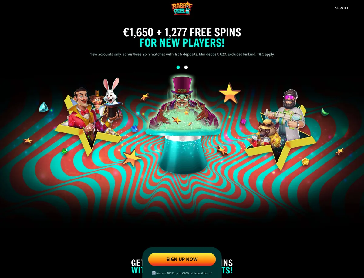 RabbitReel Casino forside med velkomstbonus