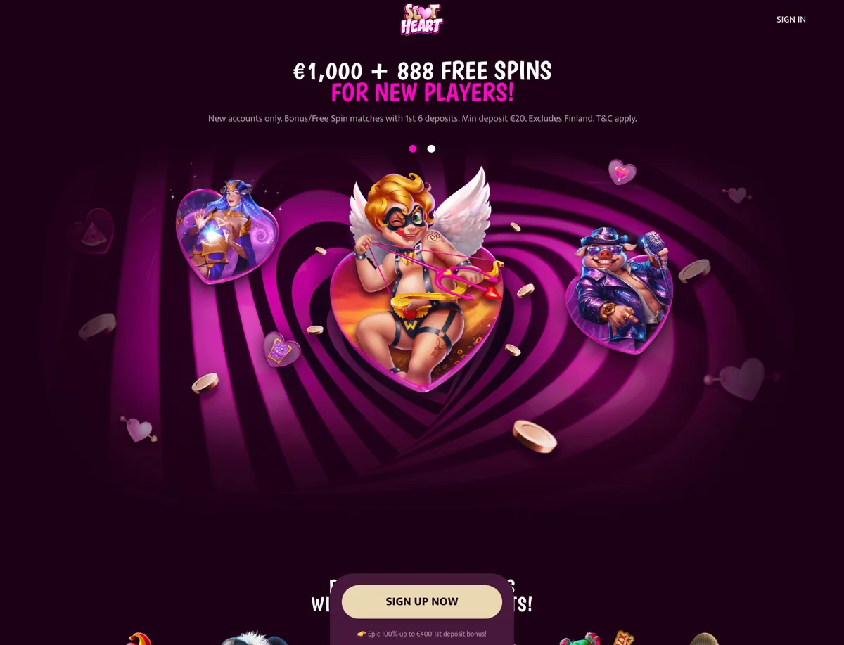 Slotheart Casino forside med velkomstbonus