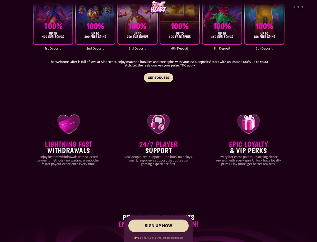 Slotheart Casino velkomstbonus og innskuddssteg