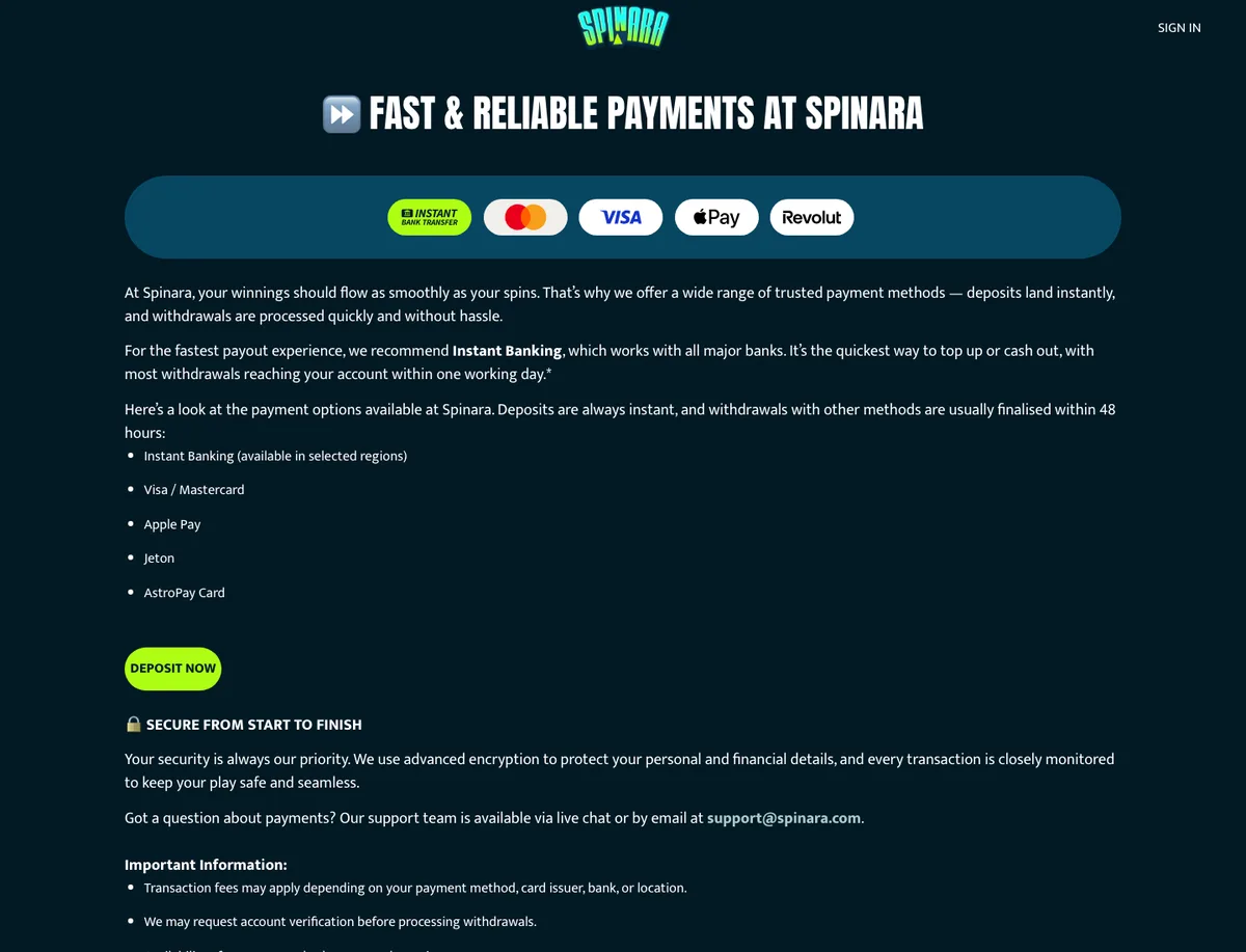 Spinara Casino betalingsside