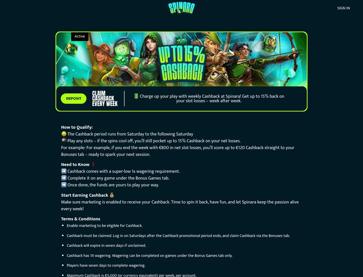 Spinara Casino cashback-kampanje