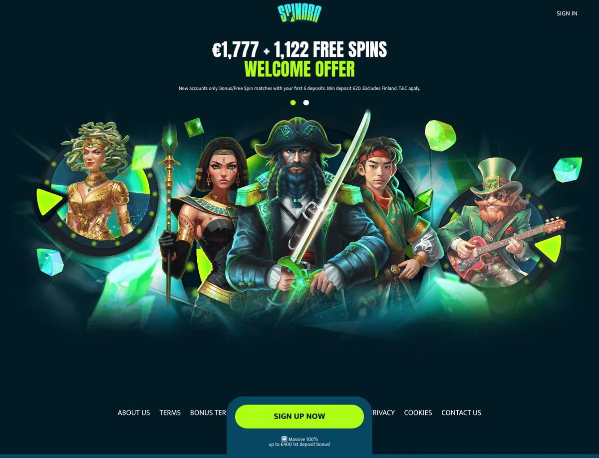 Spinara Casino forside med velkomstbonus