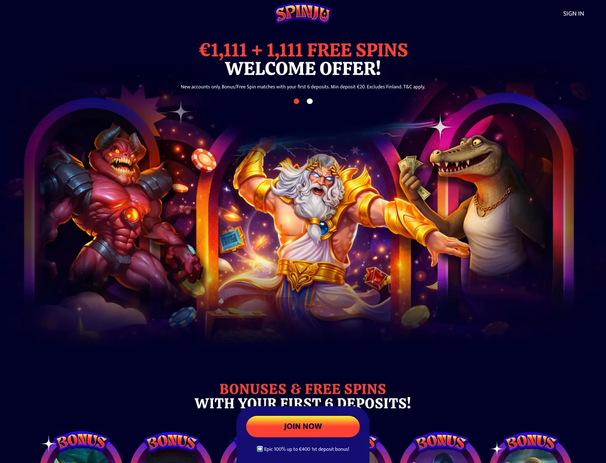 Spinju Casino forside med velkomstbonus