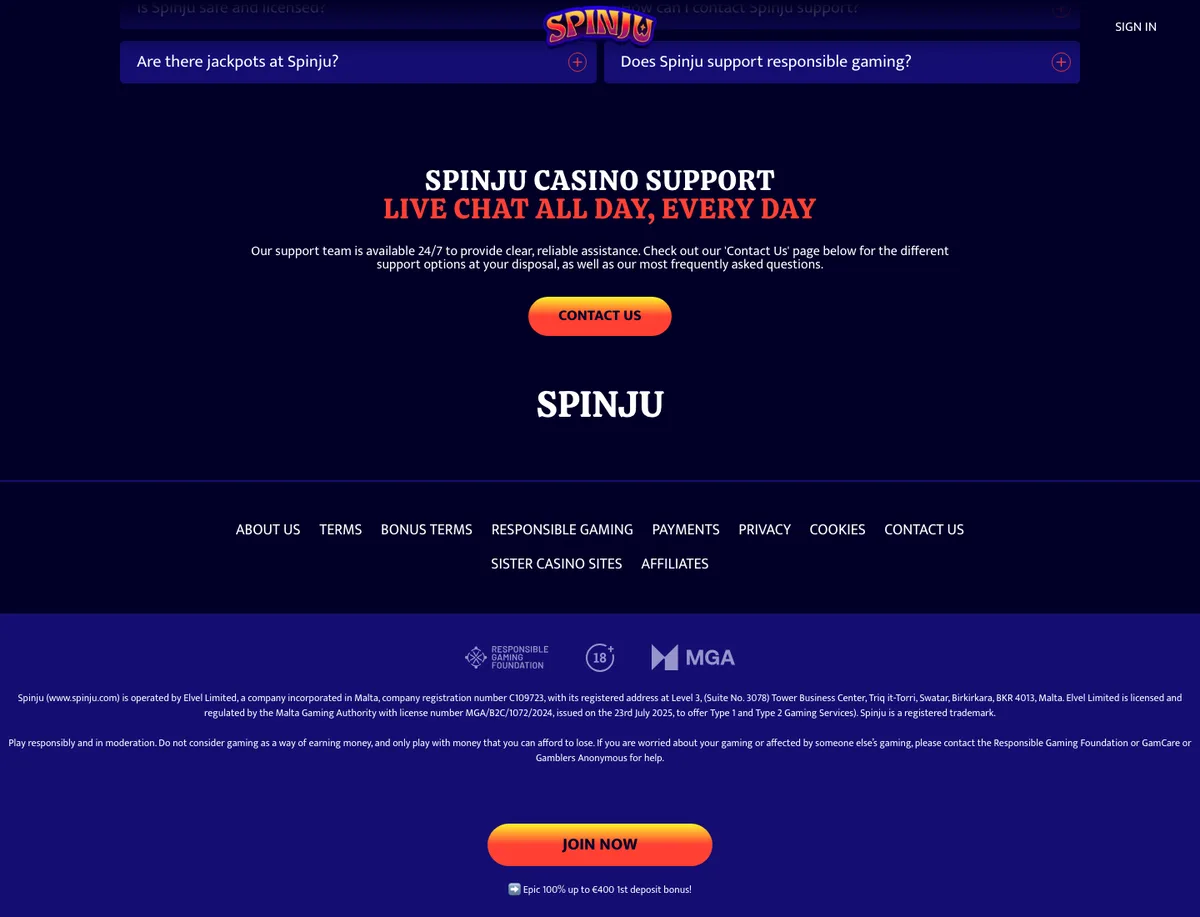 Spinju Casino support og hjelpesenter