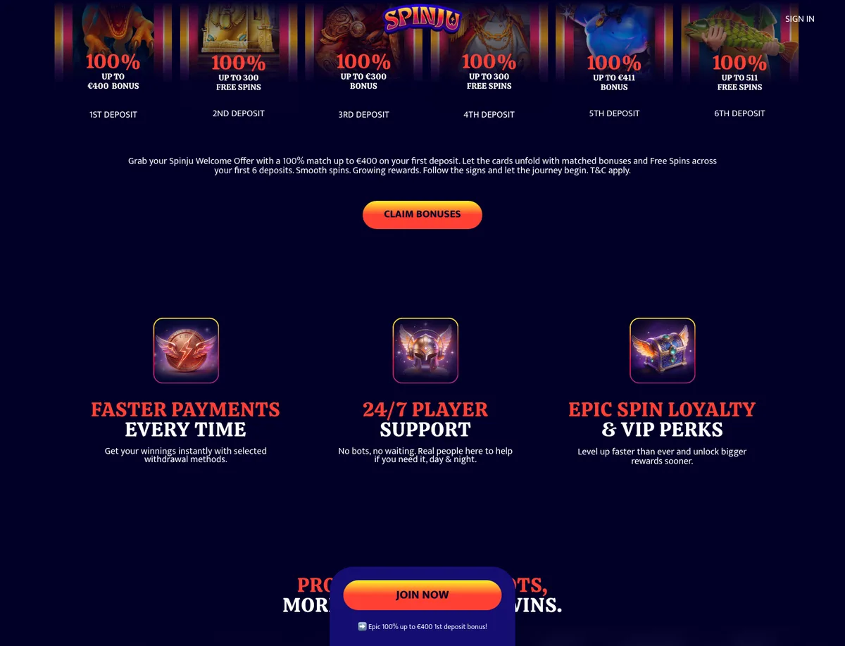 Spinju Casino velkomstbonus og innskuddssteg