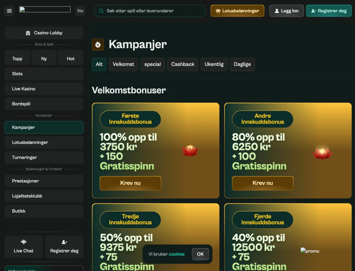 Spinzen kampanjeside med velkomstbonuser