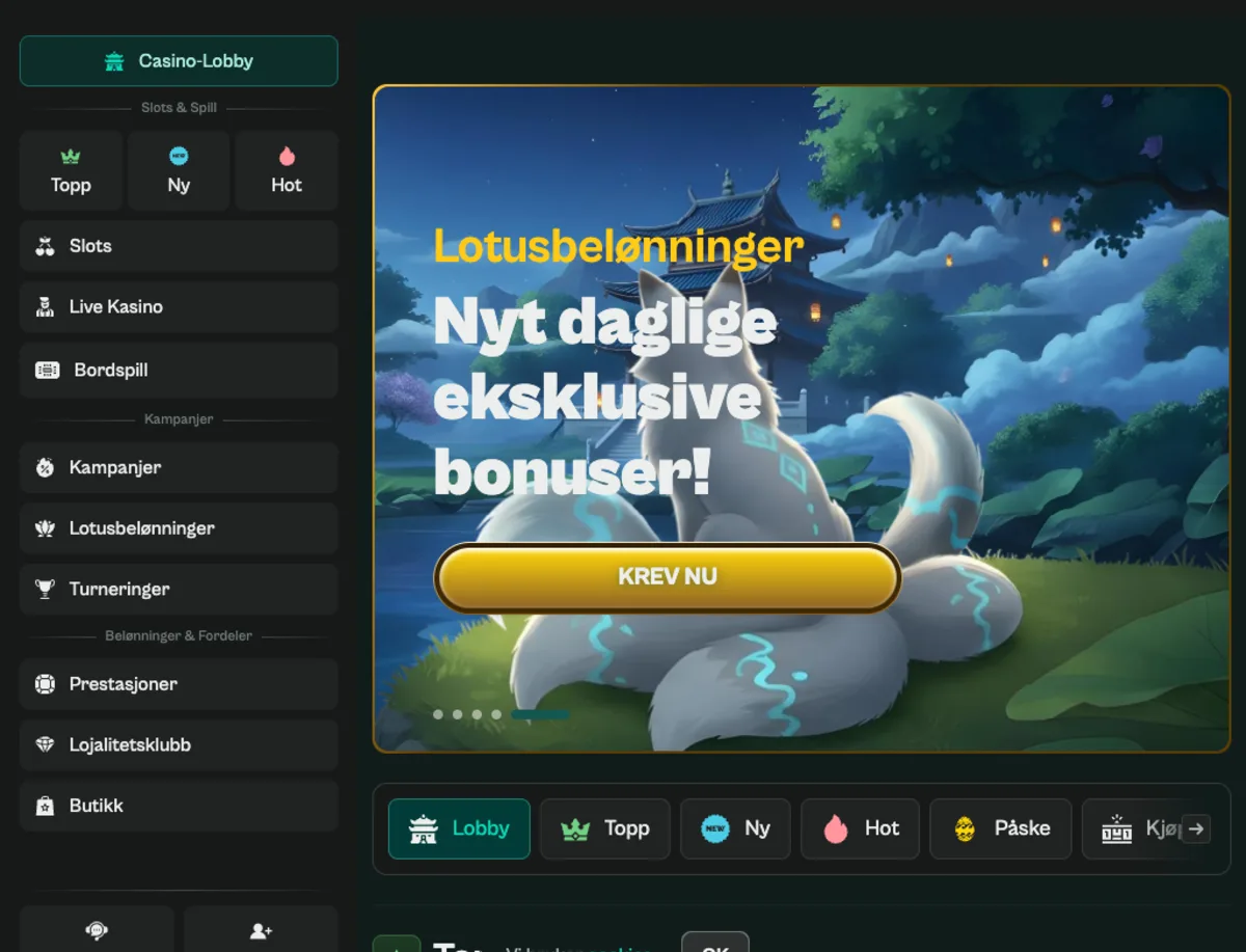 Spinzen spillobby med norske kategorier