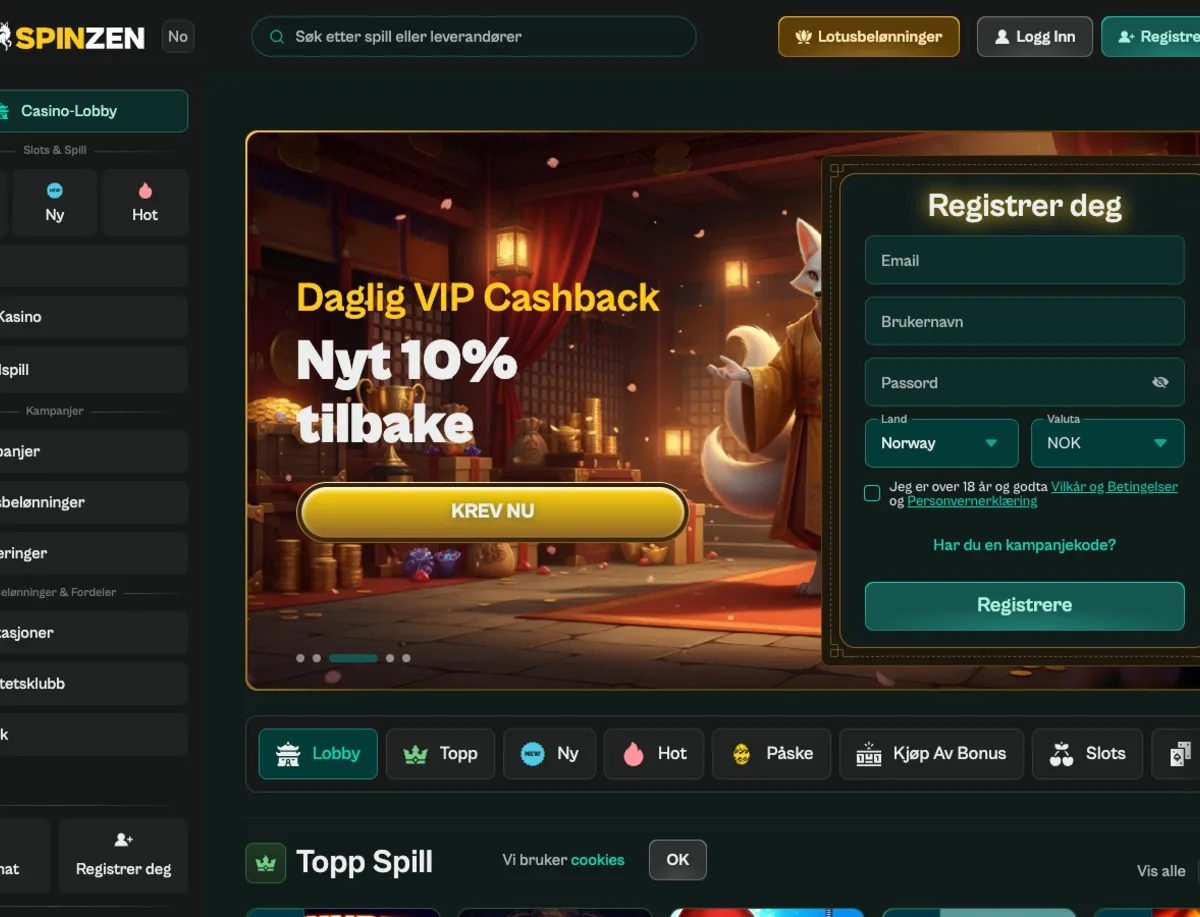 Spinzen Casino forside med norsk lobby og registrering