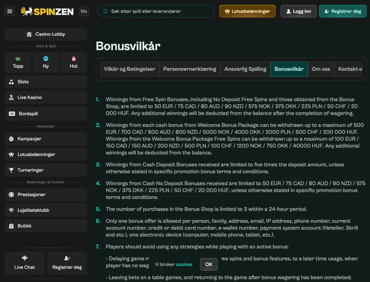 Spinzen bonusvilkår og regelverk