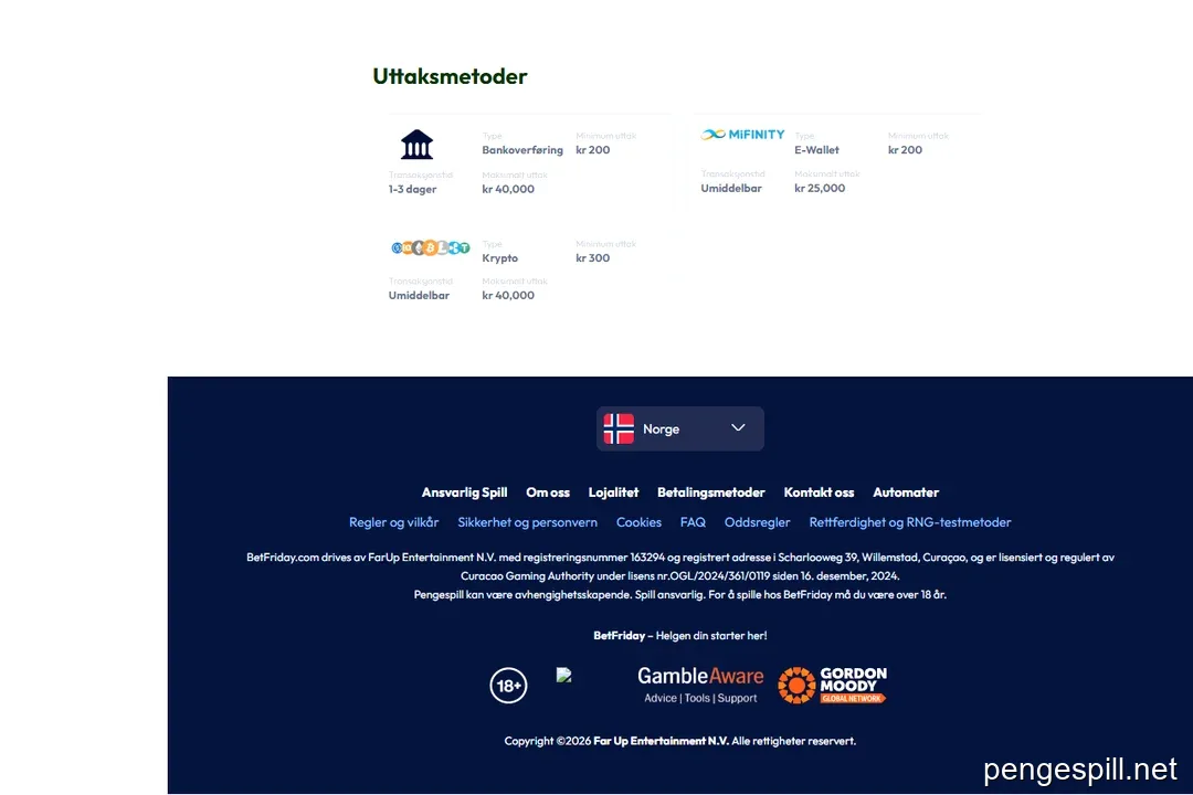 BetFriday betalingsside med uttaksmetoder og lisensinformasjon