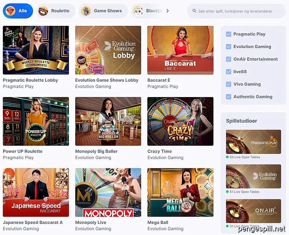 CasinoFriday live casino lobby med roulette, baccarat og gameshows