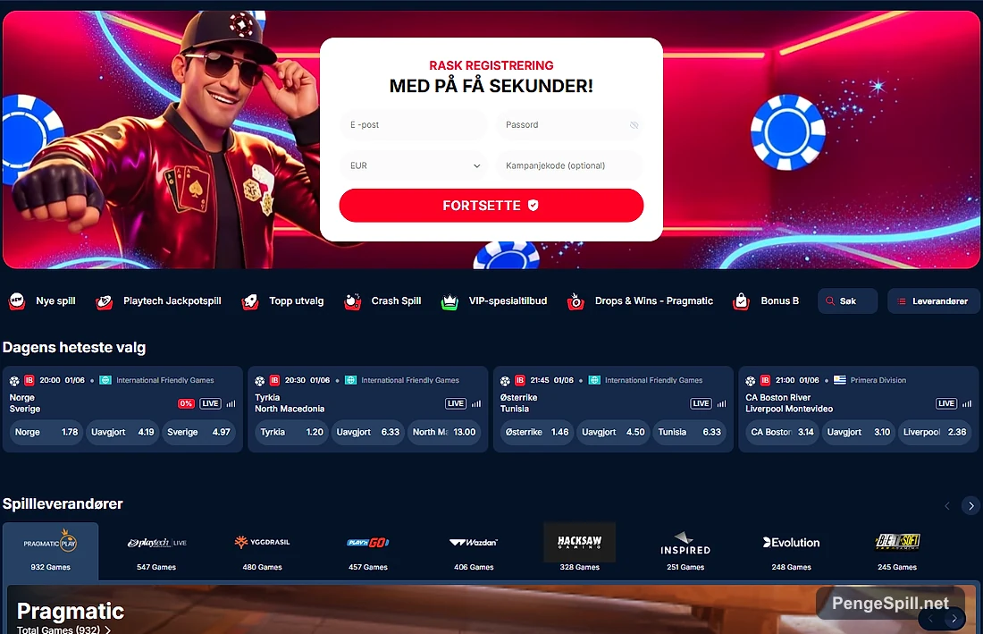 KudosBet Casino forside med registrering, sportsodds og leverandører