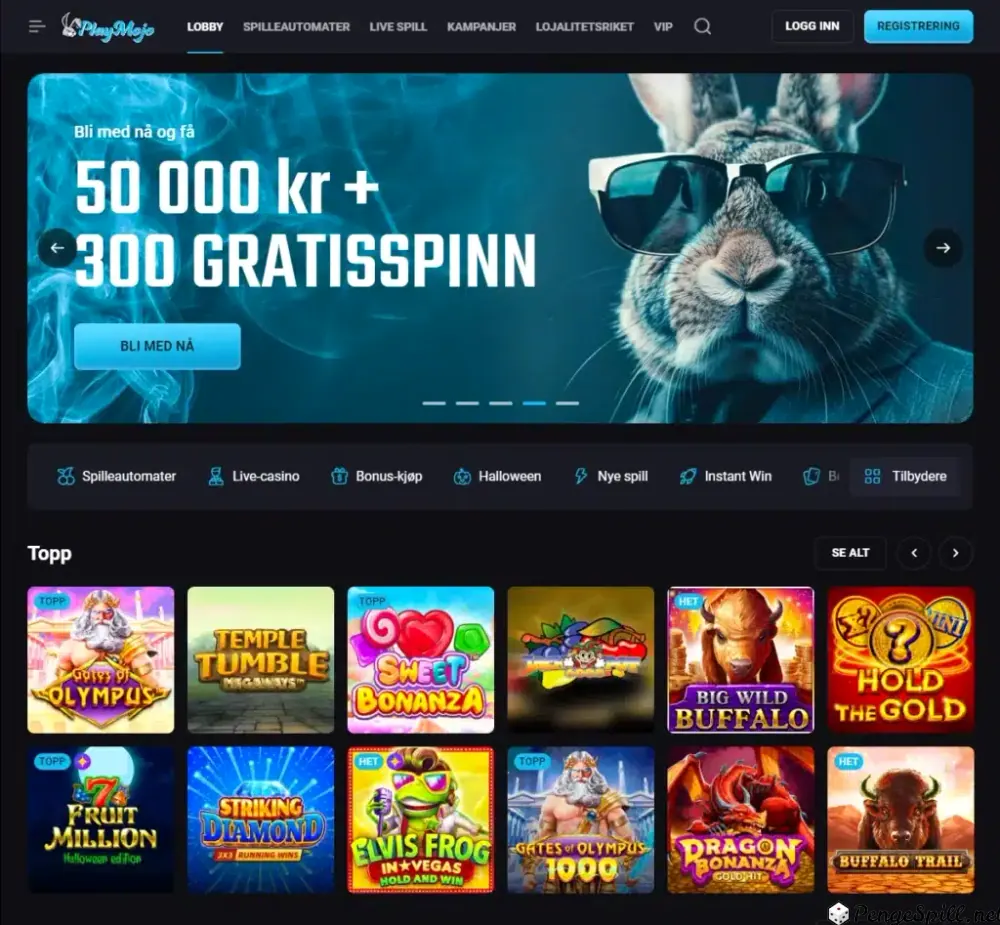 PlayMojo Casino forside med bonus og spillobby