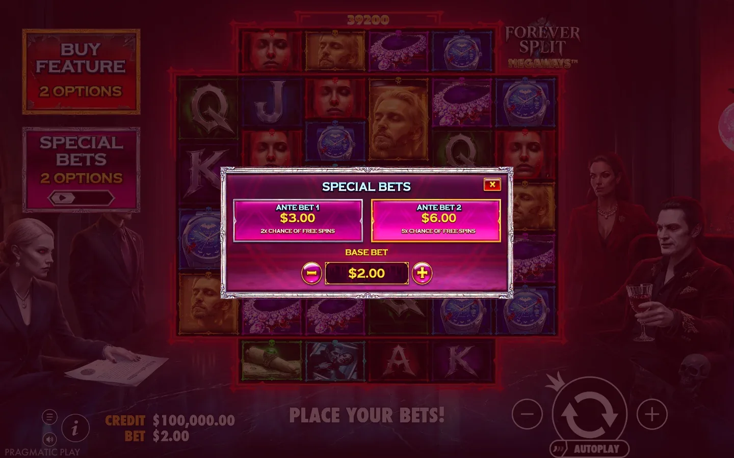 Forever Split Megaways spesialinnsatsmeny med grunninnsats to dollar og Ante Bet-priser på tre og seks dollar