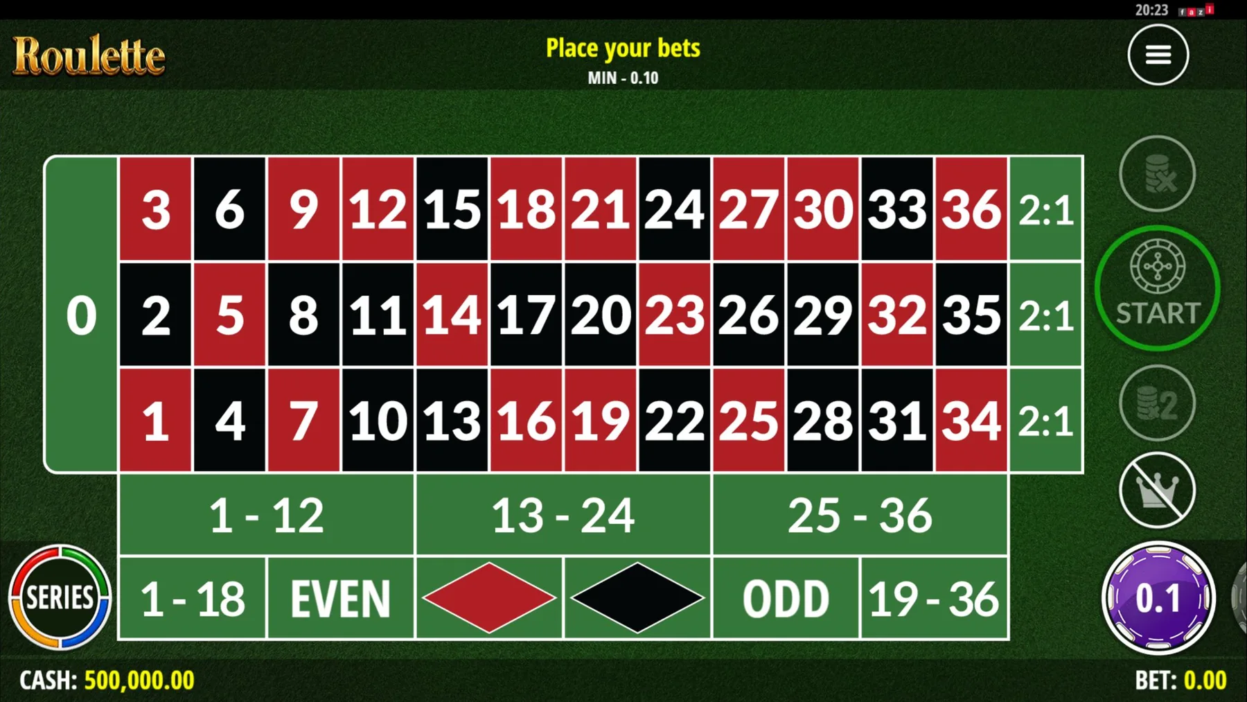 Innsatsbordet i On Demand Roulette med ett nullfelt, dusin, kolonner og sjetongvalg