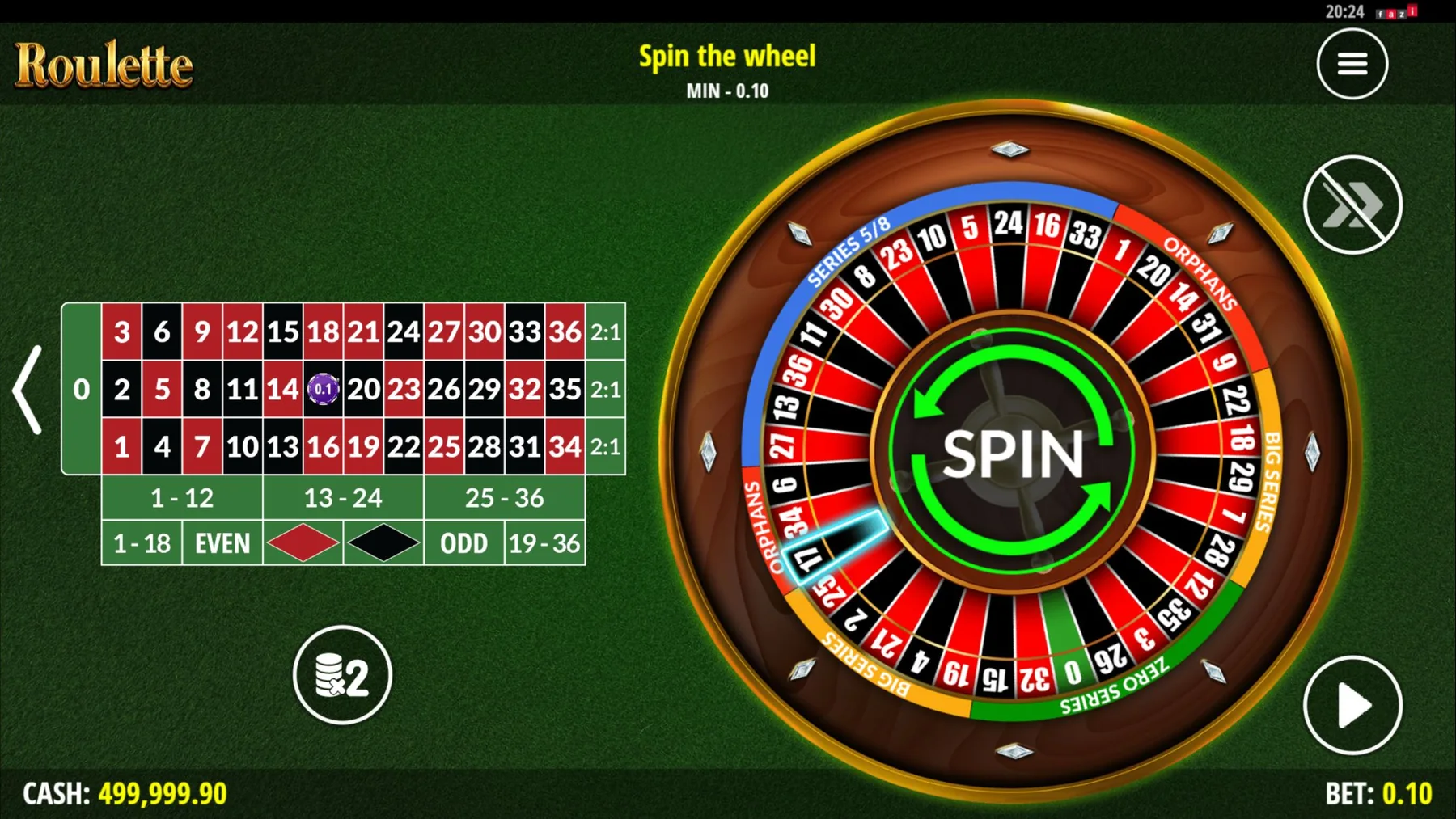 On Demand Roulette med et europeisk hjul og en demosjetong på tallet 17