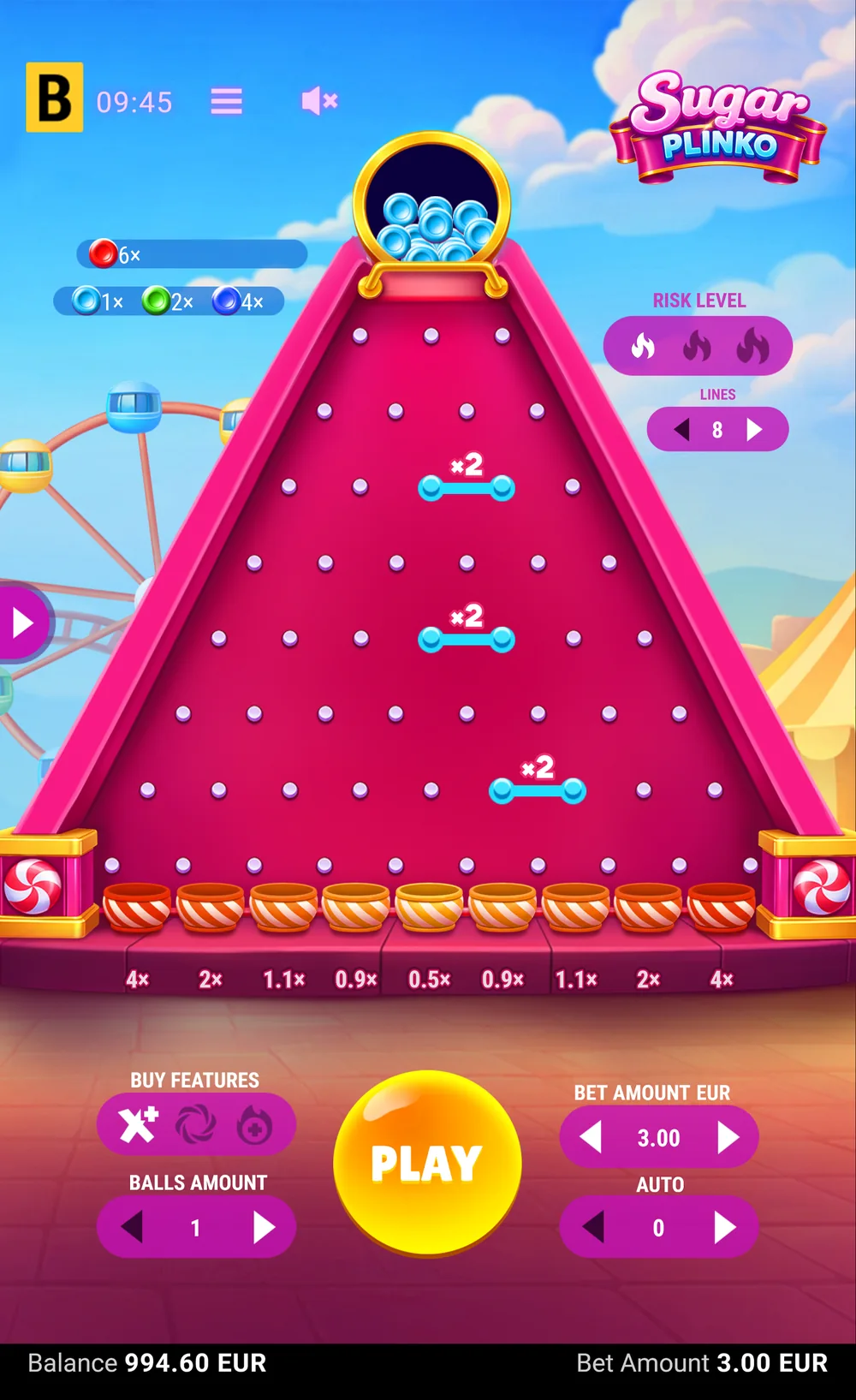 Sugar Plinko i portrettvisning med risikoflammer og radvalg ved brettet og innsats- og kulevalg nederst